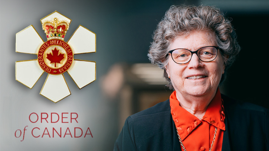 Smiling woman with short, grey hair and glasses beside the Order of Canada medal
